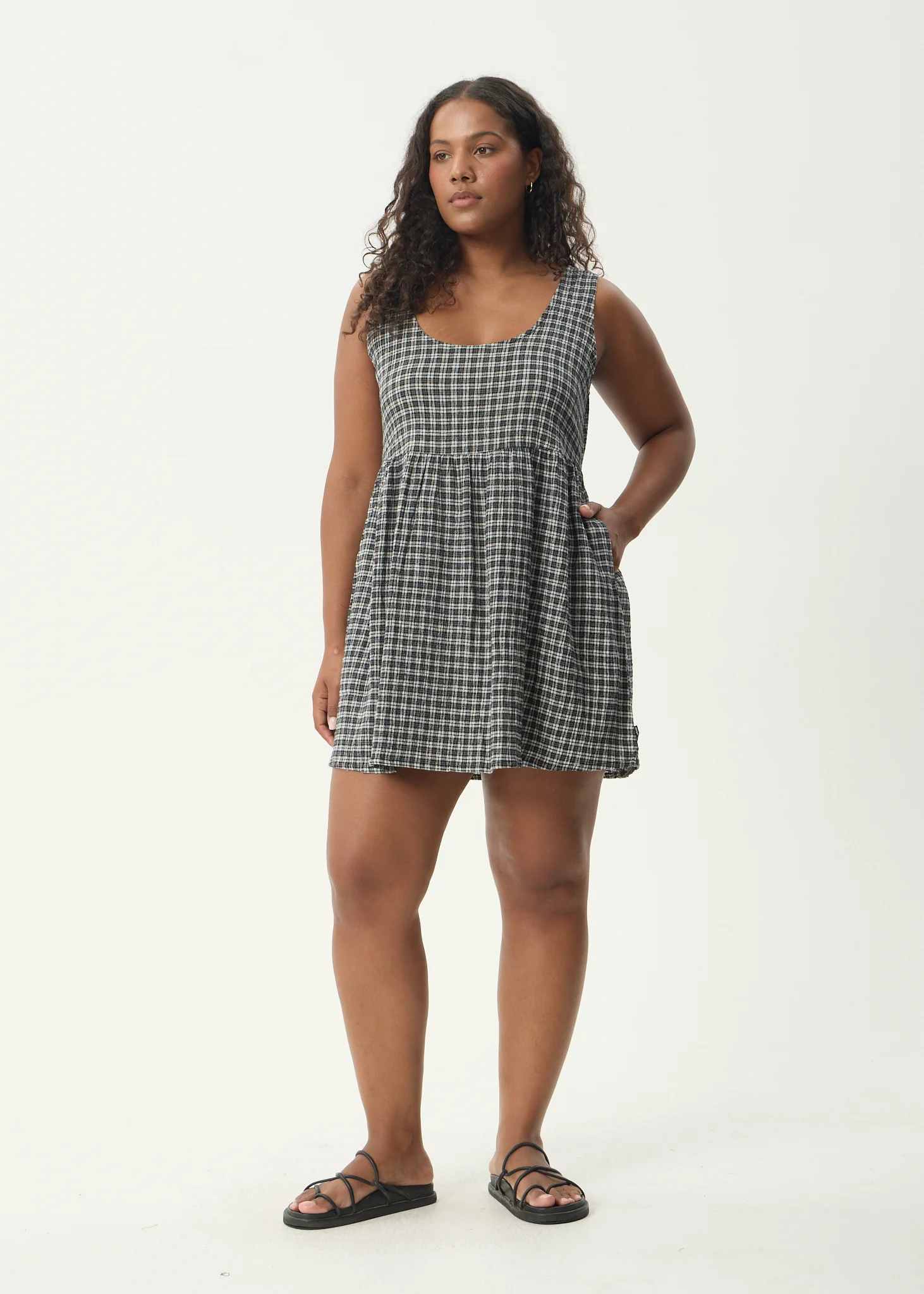 AFENDS Womens Asta Jesse - Seersucker Mini Dress - Steel Check - Image 3