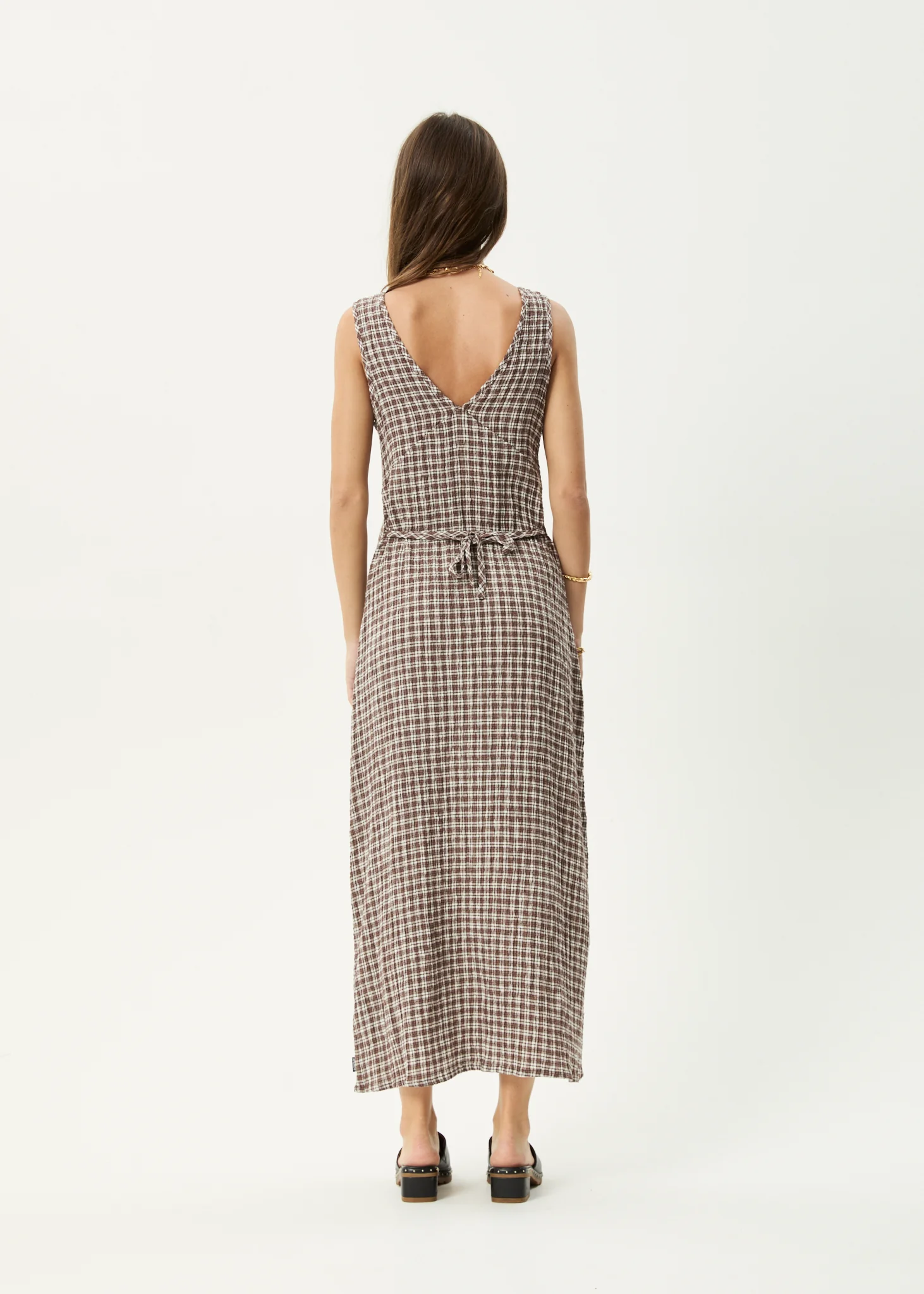 AFENDS Womens Base - Seersucker Maxi Dress - Coffee Check - Image 10