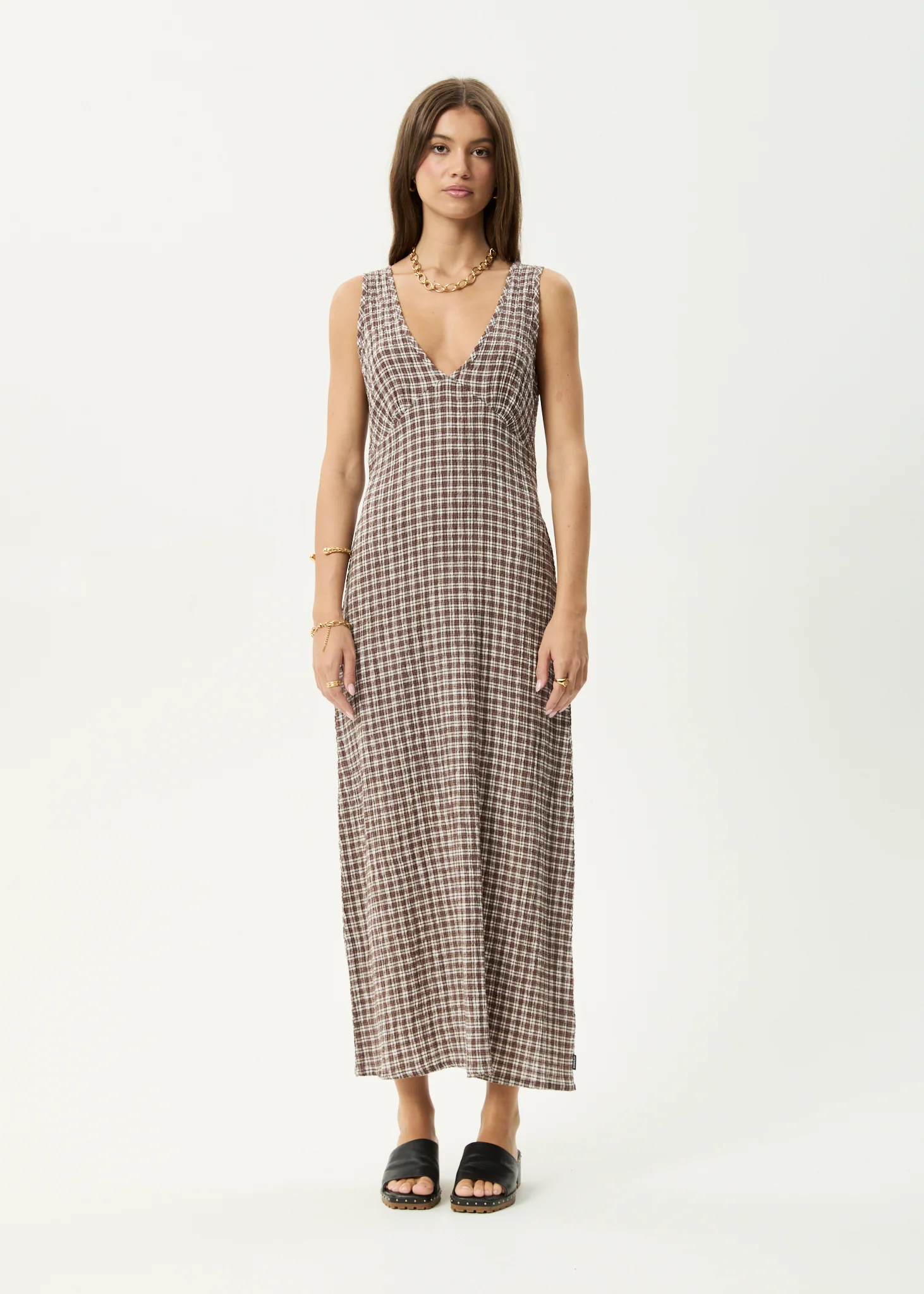 AFENDS Womens Base - Seersucker Maxi Dress - Coffee Check - Image 12