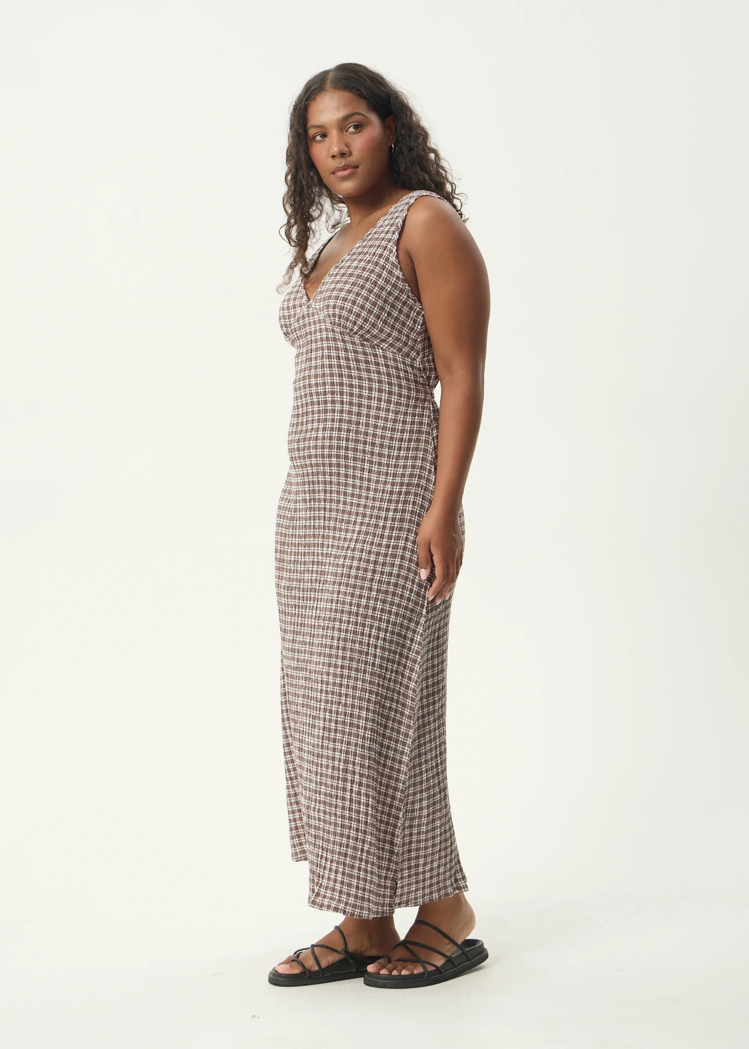 AFENDS Womens Base - Seersucker Maxi Dress - Coffee Check - Image 5