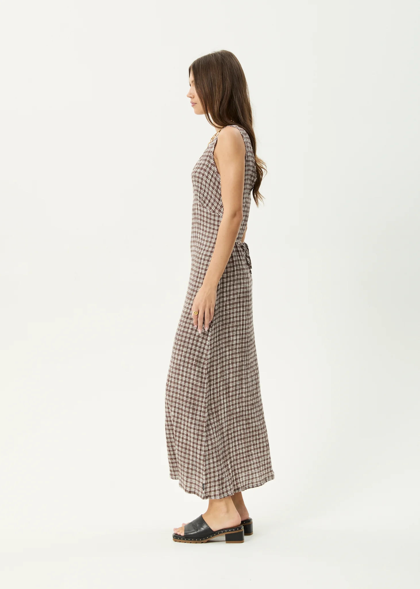 AFENDS Womens Base - Seersucker Maxi Dress - Coffee Check - Image 6