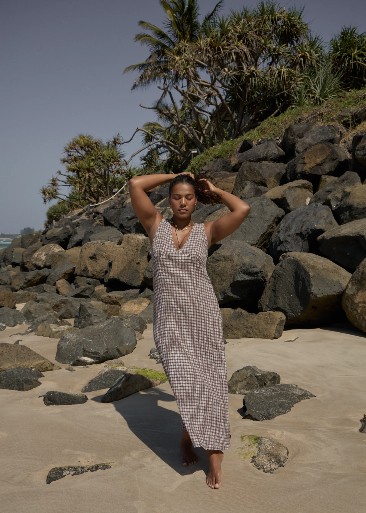 AFENDS Womens Base - Seersucker Maxi Dress - Coffee Check - Image 9