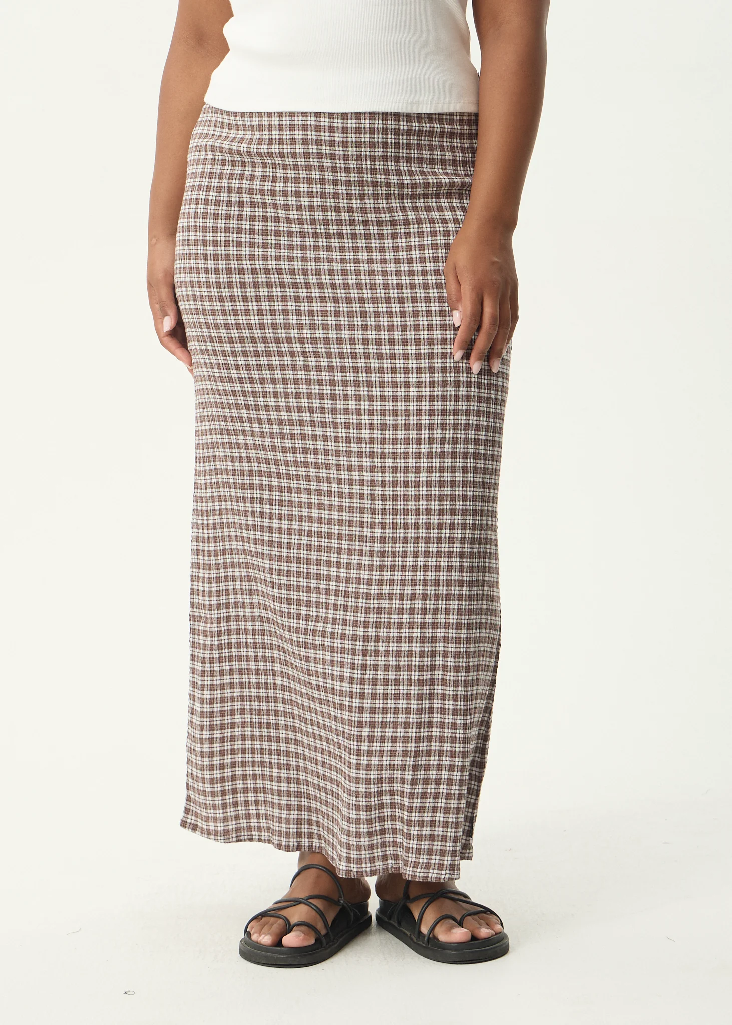 AFENDS Womens Base - Seersucker Maxi Skirt - Coffee Check - Image 5
