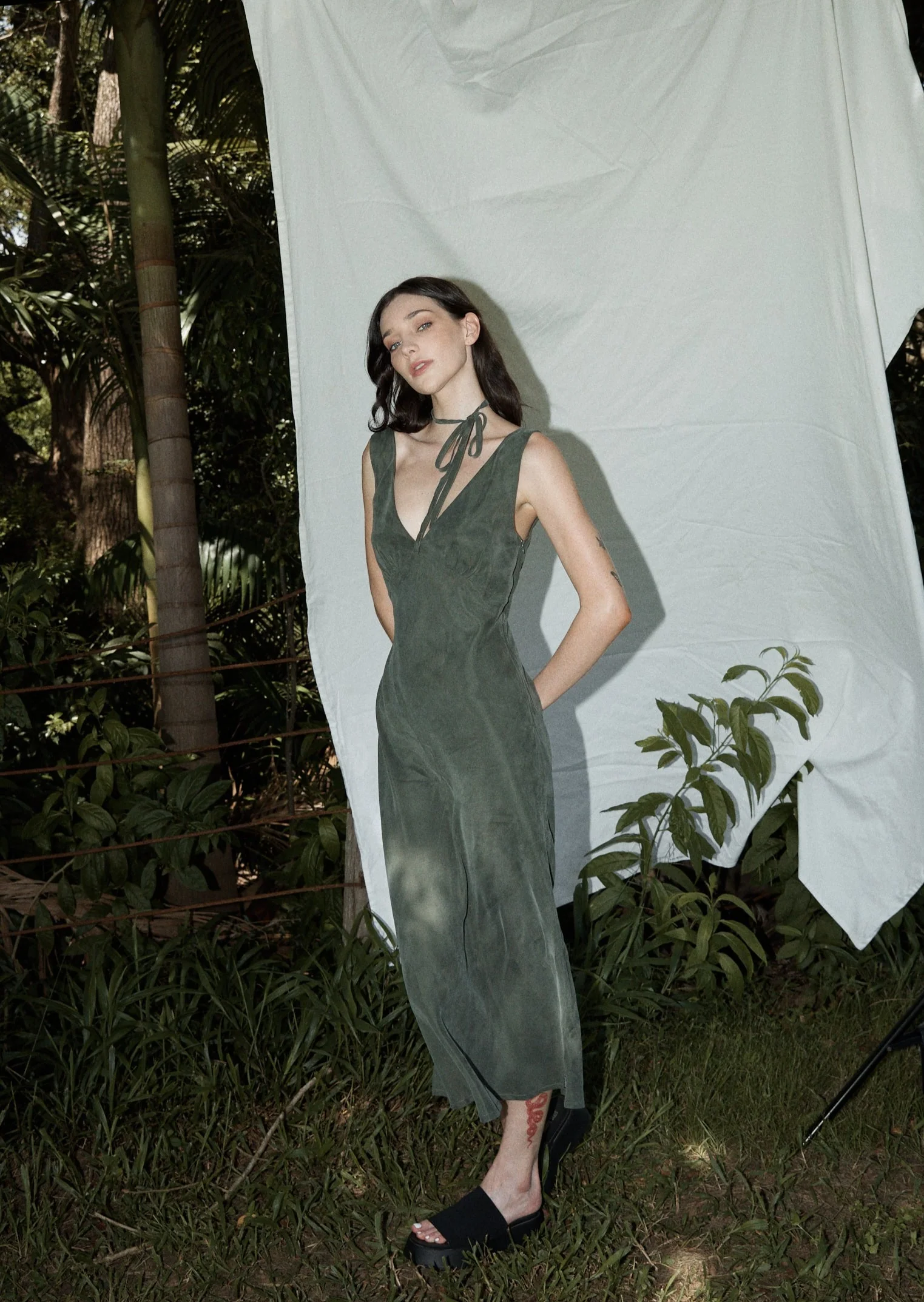AFENDS Womens Gia - Cupro Maxi Dress - Deep Green - Image 3