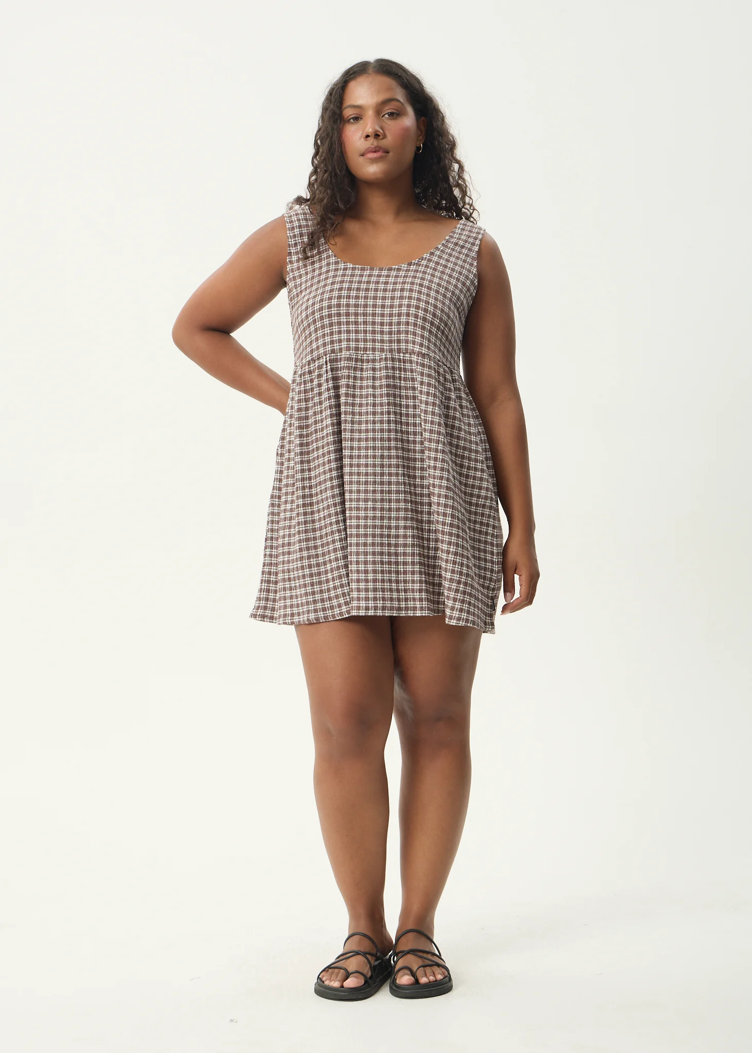 AFENDS Womens Base Jesse - Seersucker Mini Dress - Coffee Check - Image 2