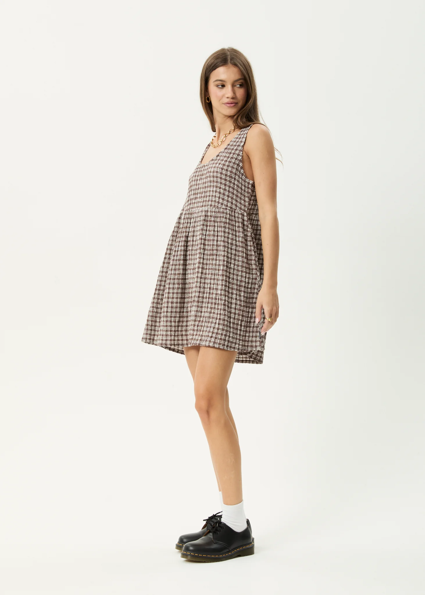 AFENDS Womens Base Jesse - Seersucker Mini Dress - Coffee Check - Image 5