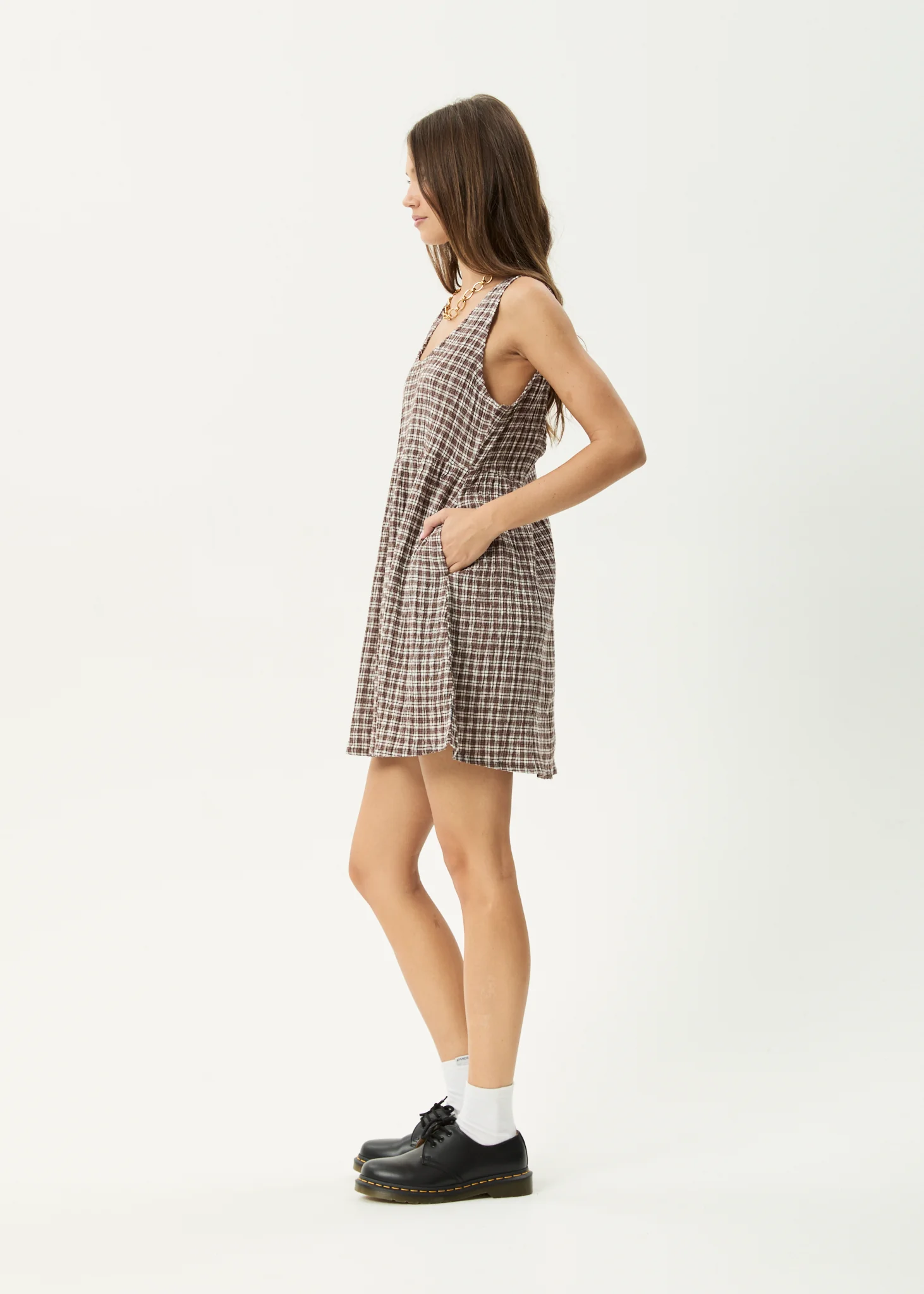 AFENDS Womens Base Jesse - Seersucker Mini Dress - Coffee Check - Image 7