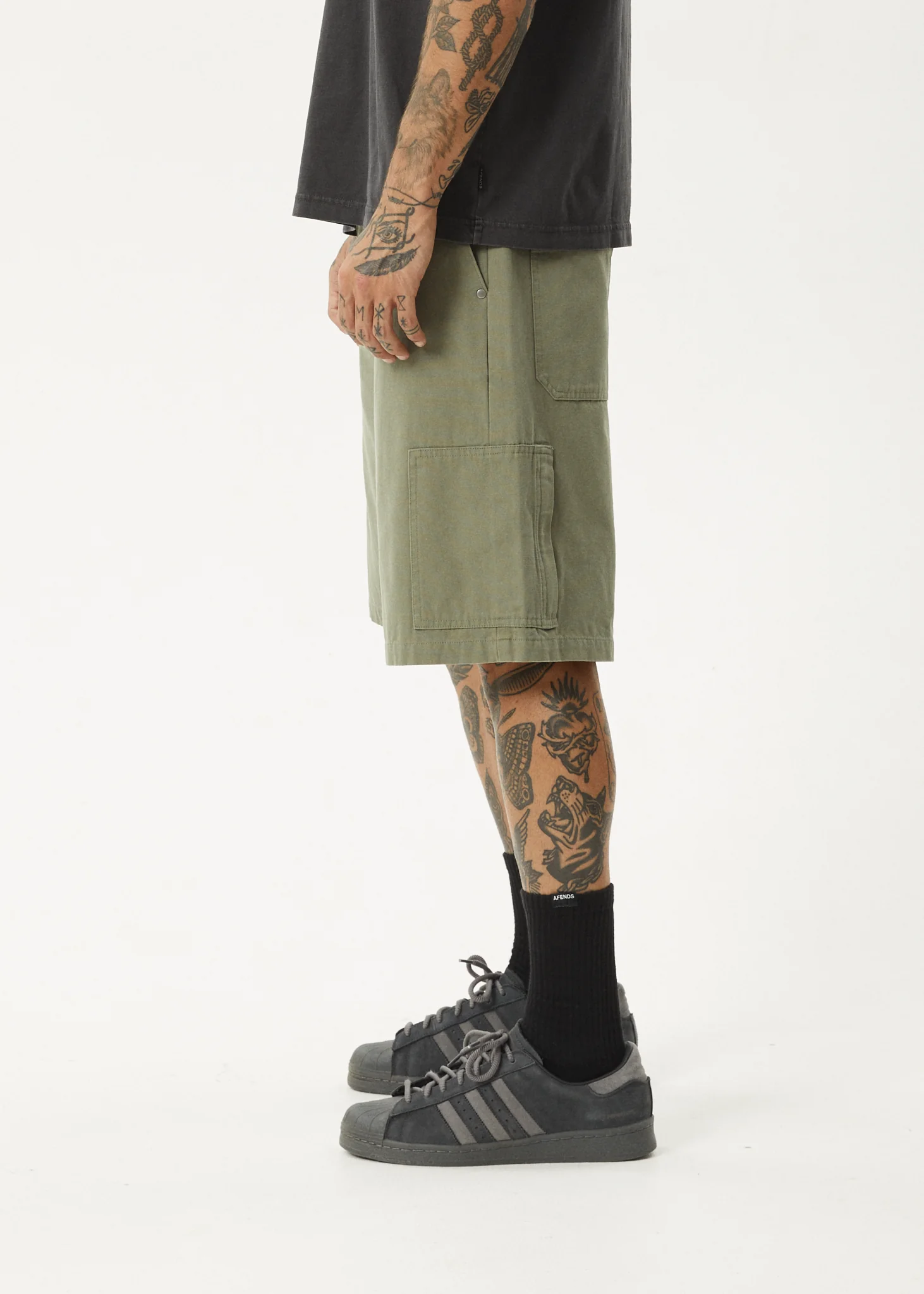 AFENDS Mens Harper - Canvas Workwear Short 22" - Olive - Image 3