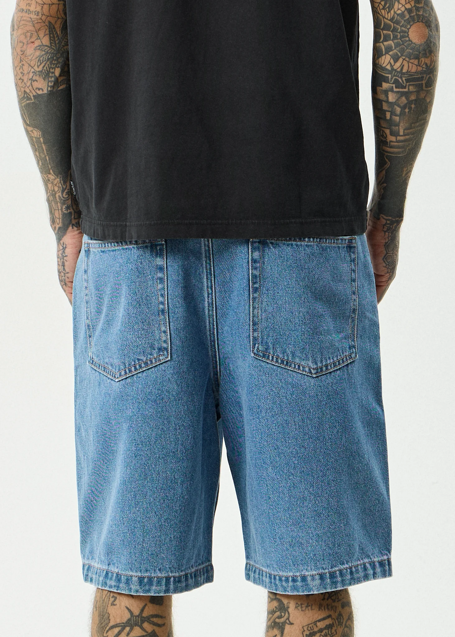 AFENDS Mens Lil C - Denim Baggy Short 22" - Worn Blue - Image 11