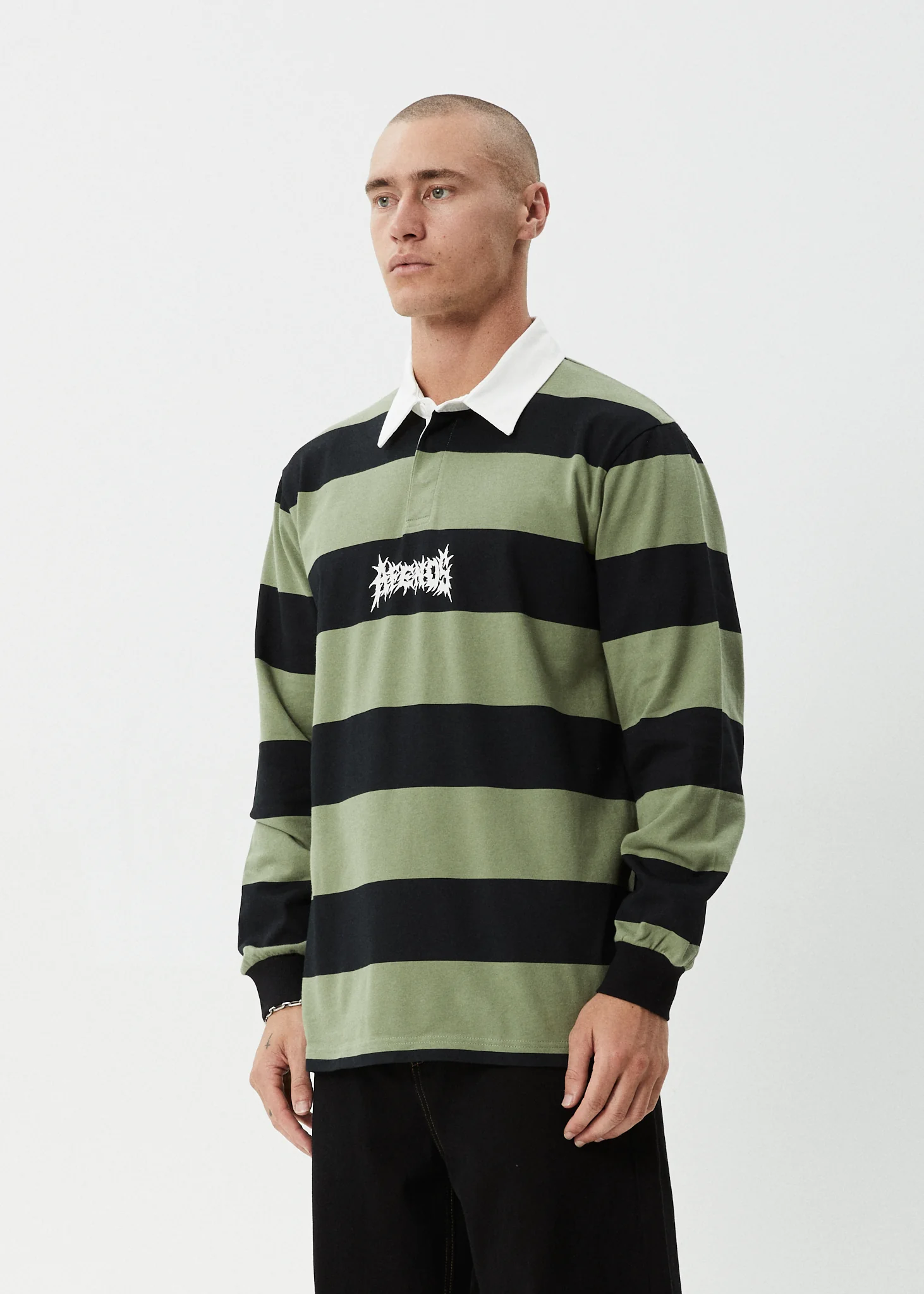 AFENDS Mens Mental - Rugby Long Sleeve Tee - Oil Green - Image 3