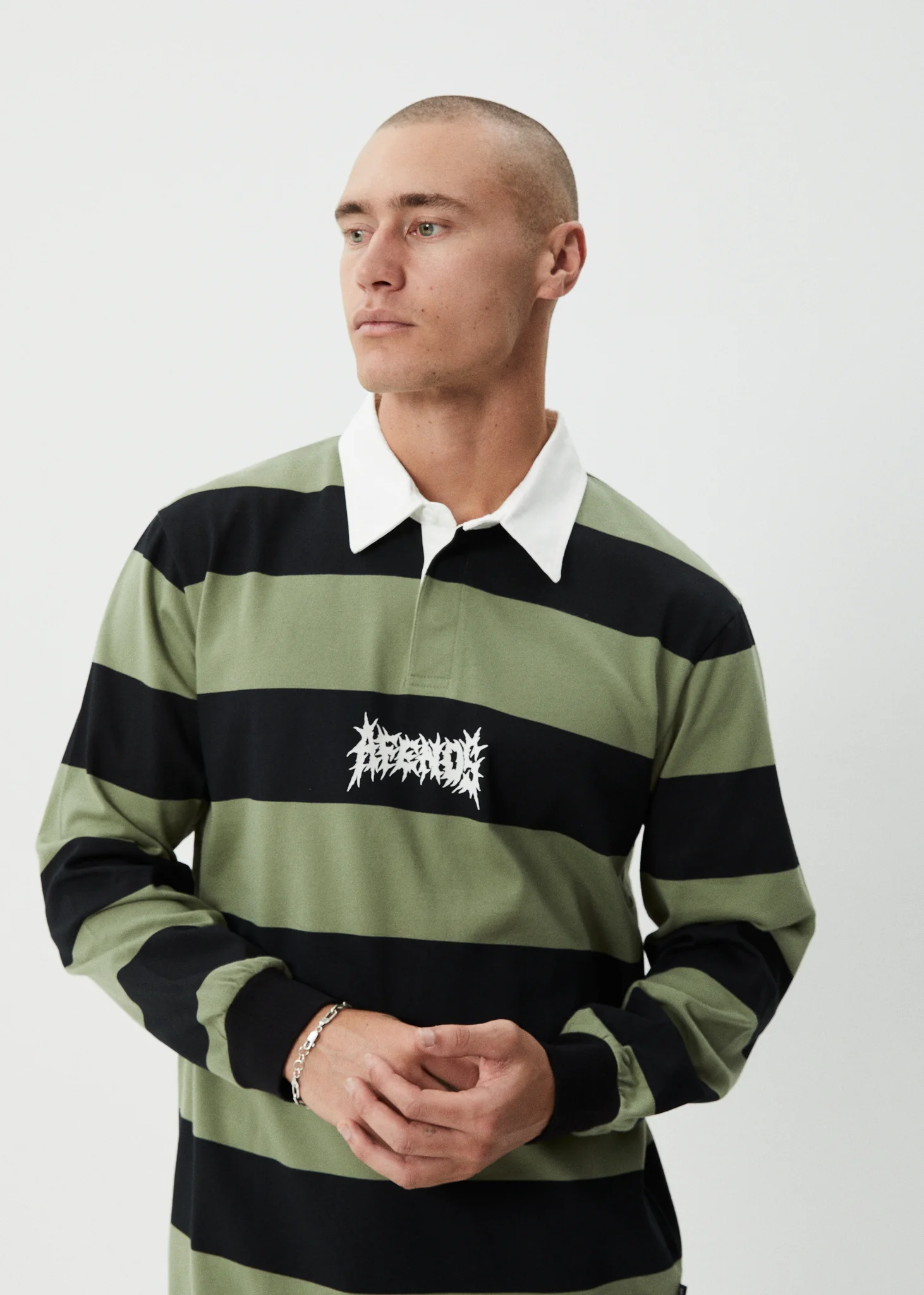 AFENDS Mens Mental - Rugby Long Sleeve Tee - Oil Green - Image 6