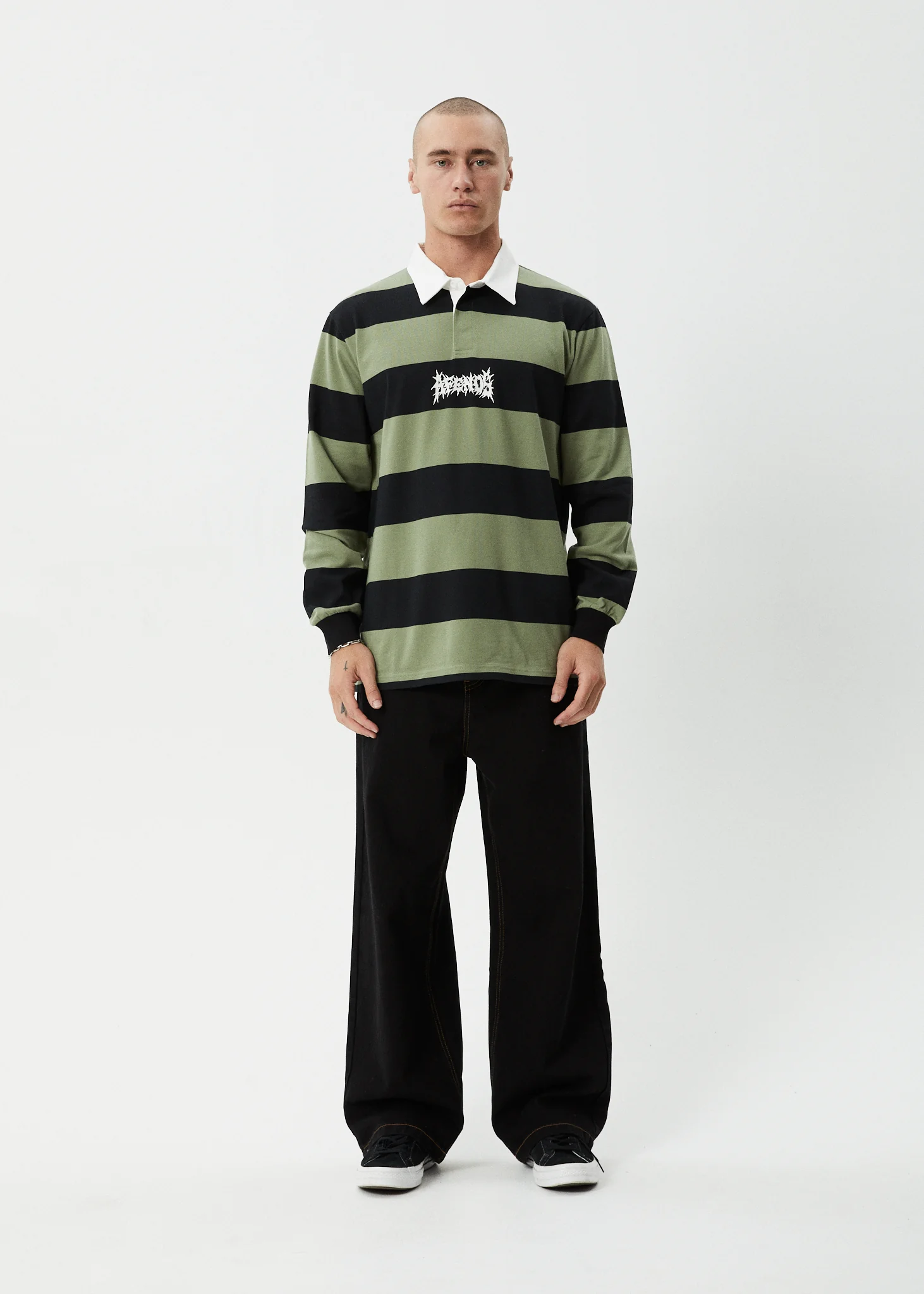 AFENDS Mens Mental - Rugby Long Sleeve Tee - Oil Green - Image 7