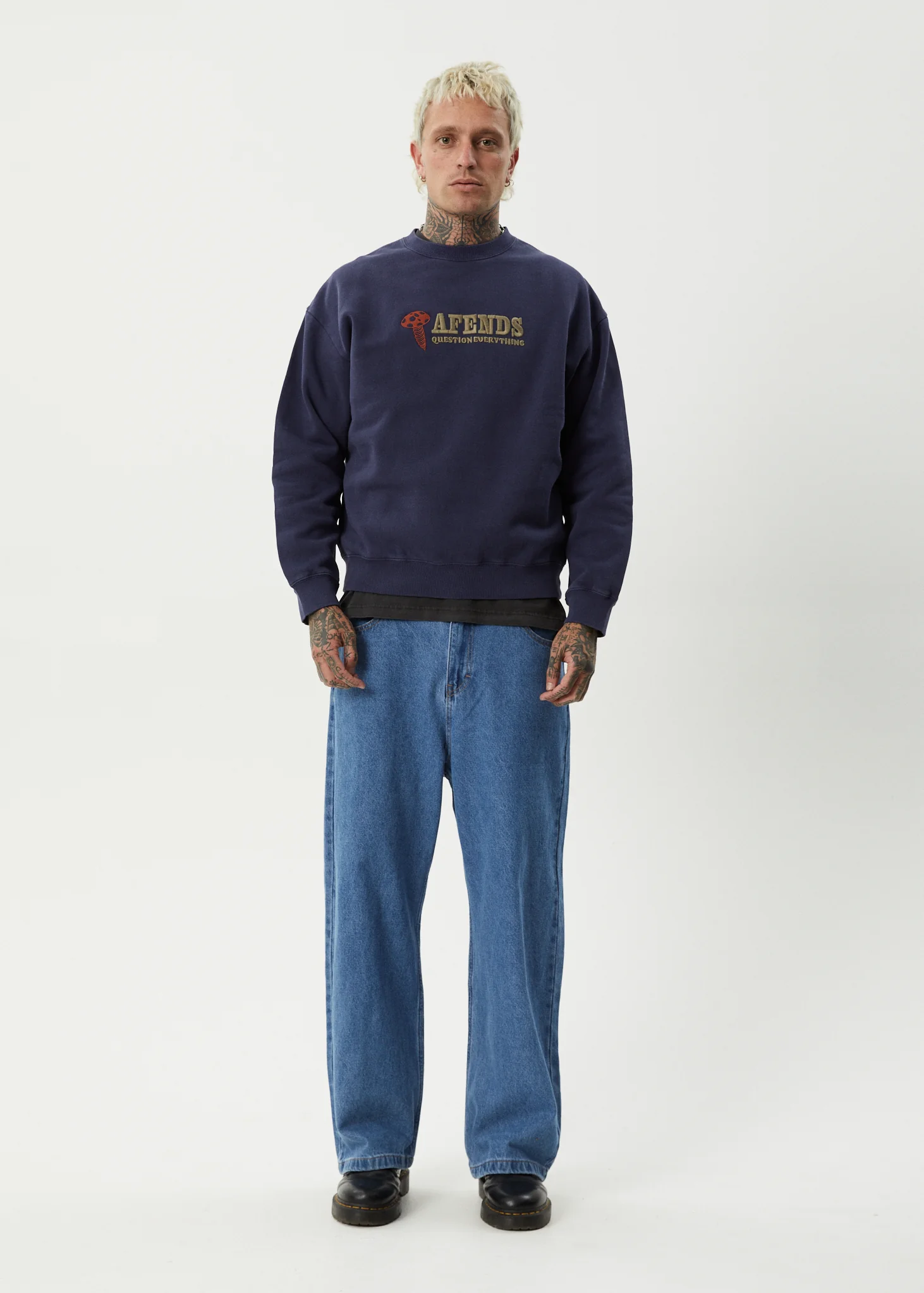 AFENDS Mens Nuts N Bolts - Crew Neck Jumper - Washed Deep Sea - Image 7