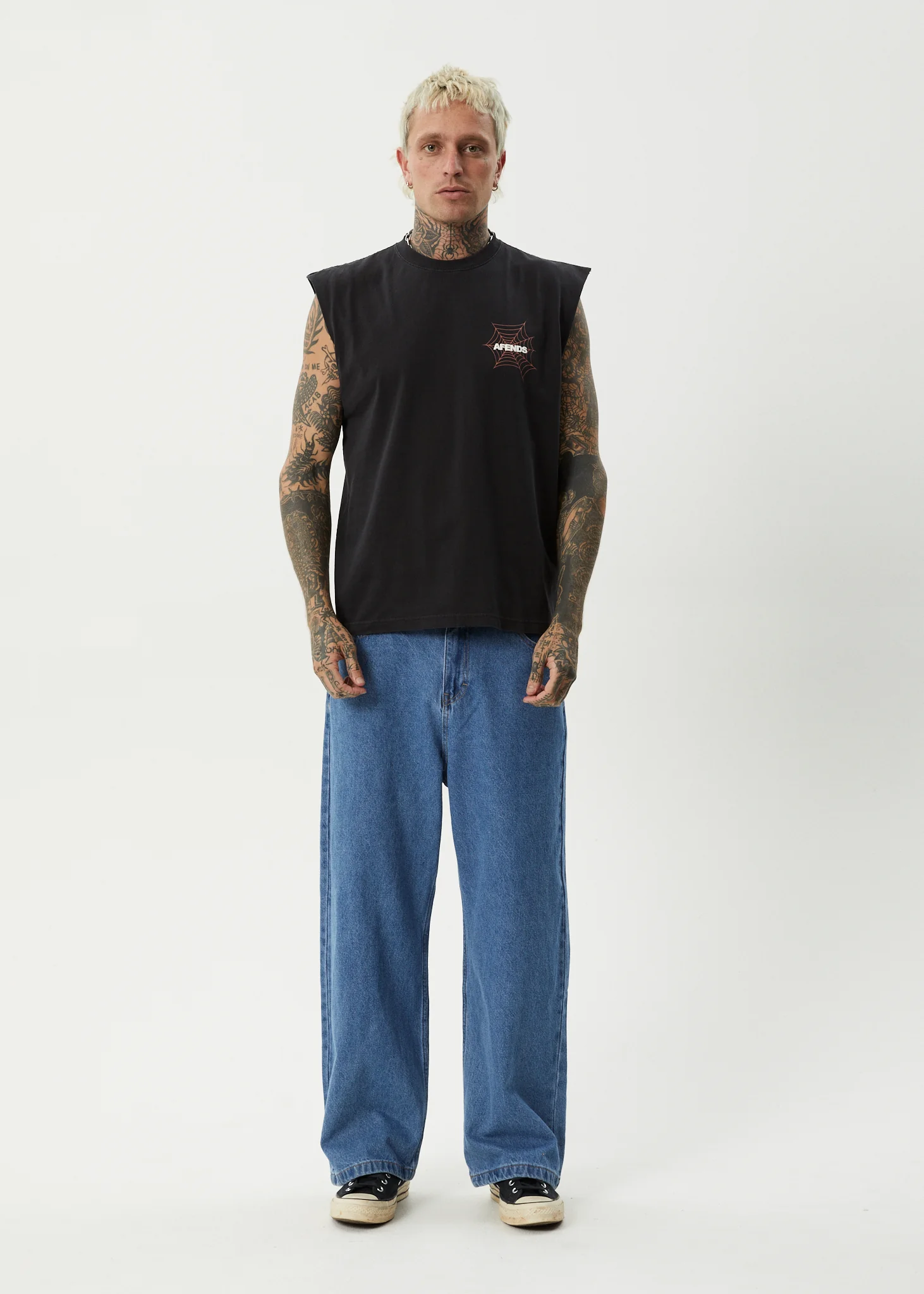 AFENDS Mens Webhead - Sleeveless Tee - Stone Black - Image 10
