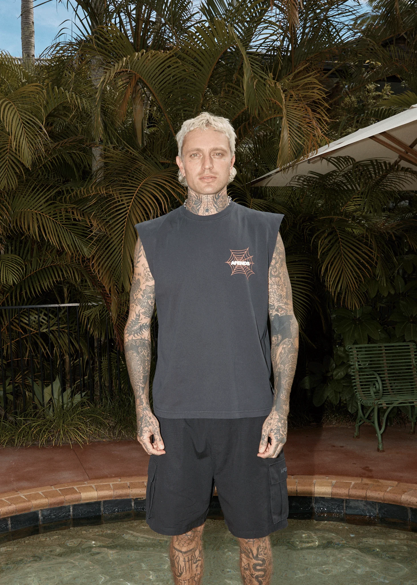 AFENDS Mens Webhead - Sleeveless Tee - Stone Black - Image 2