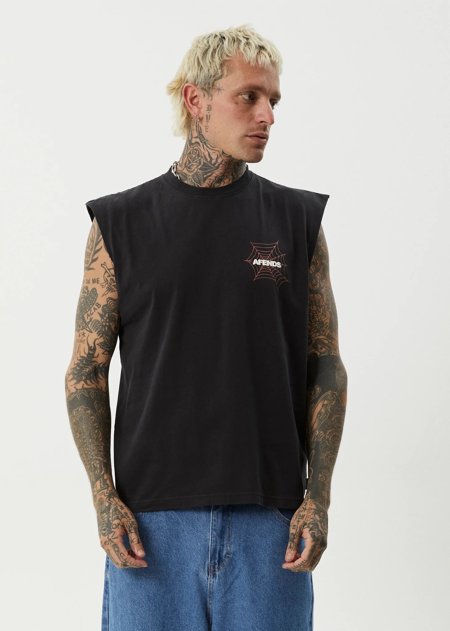 AFENDS Mens Webhead - Sleeveless Tee - Stone Black - Image 3