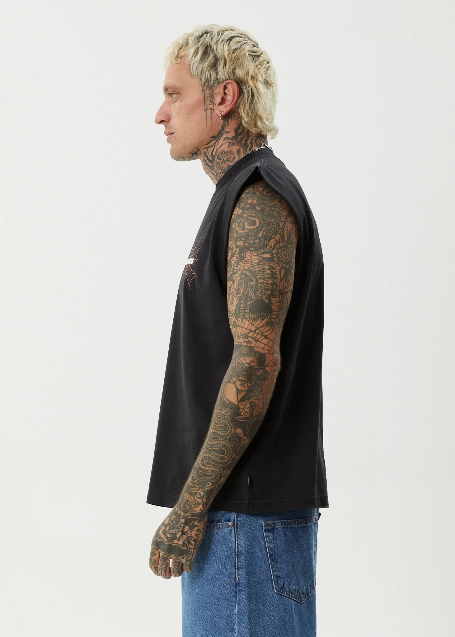 AFENDS Mens Webhead - Sleeveless Tee - Stone Black - Image 5
