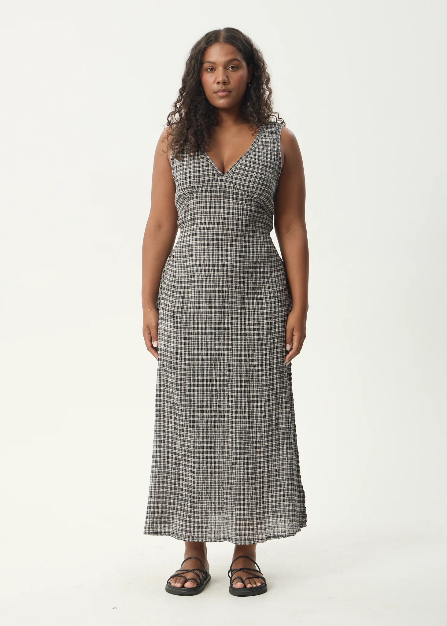 AFENDS Womens Asta - Seersucker Maxi Dress - Steel Check - Image 2