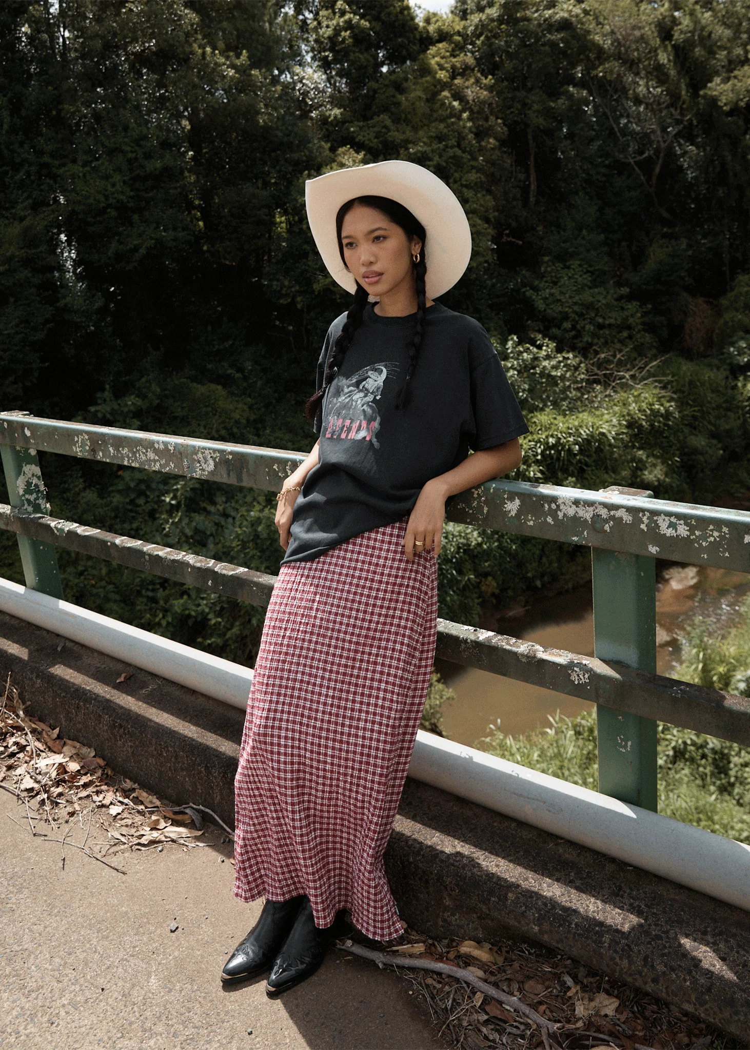AFENDS Womens Base - Seersucker Maxi Skirt - Burgundy Check - Image 2