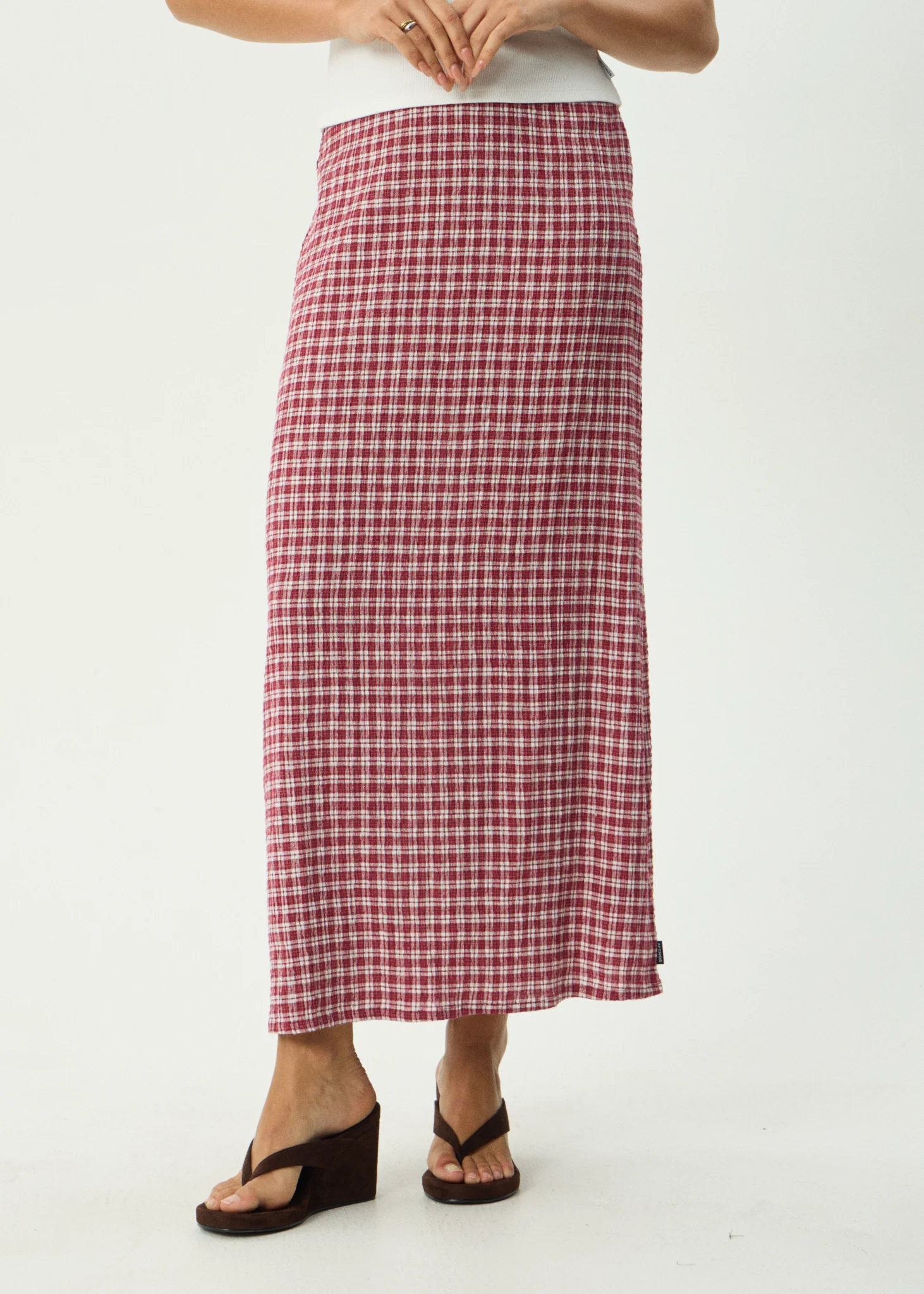 AFENDS Womens Base - Seersucker Maxi Skirt - Burgundy Check - Image 3