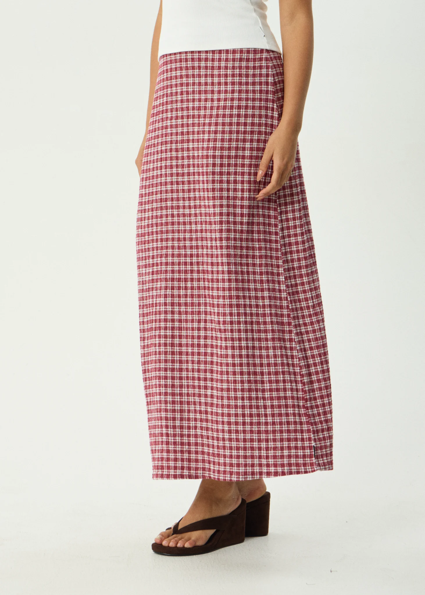 AFENDS Womens Base - Seersucker Maxi Skirt - Burgundy Check - Image 4