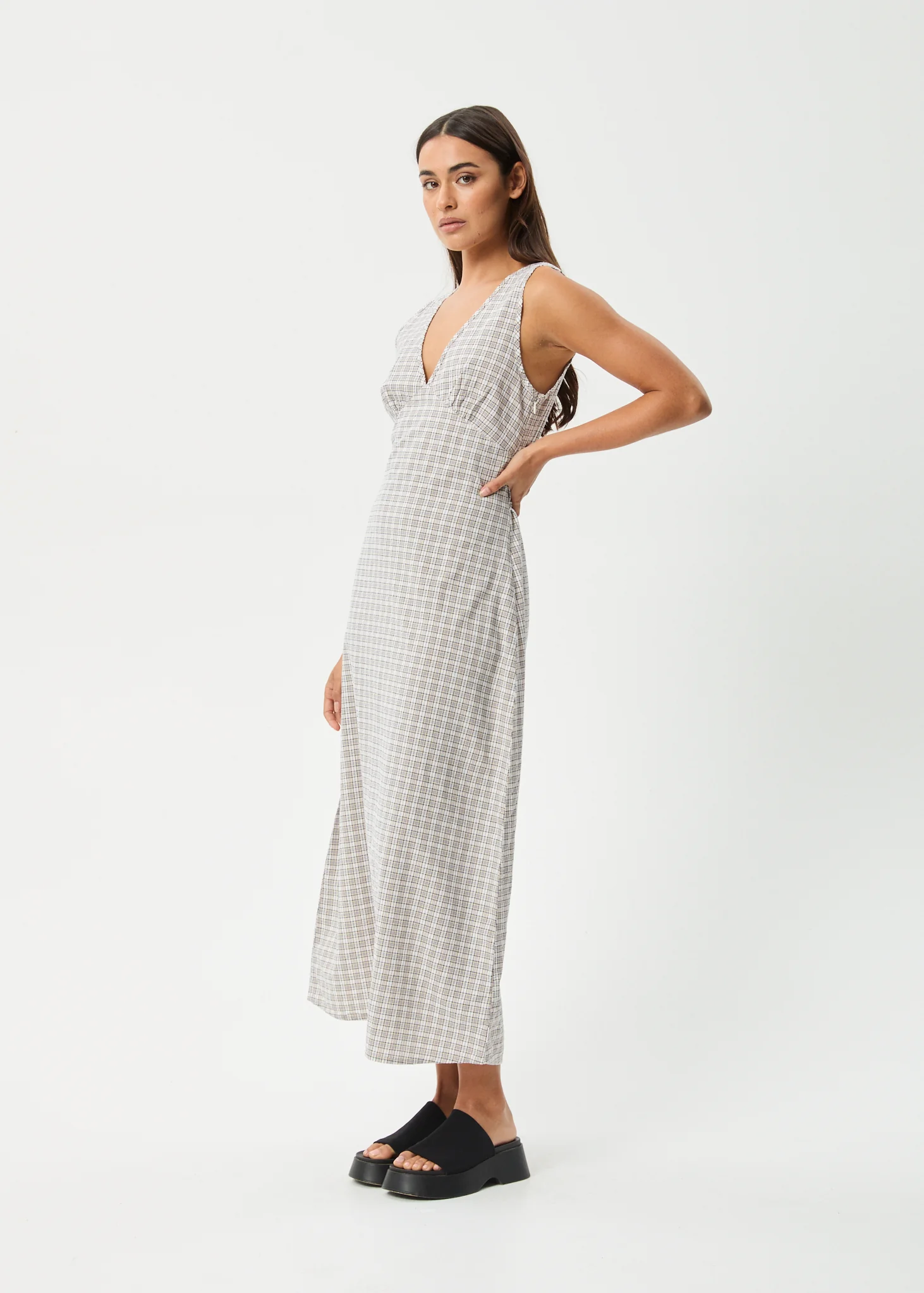 AFENDS Womens Drew - Seersucker Maxi Dress - Taupe Check - Image 3
