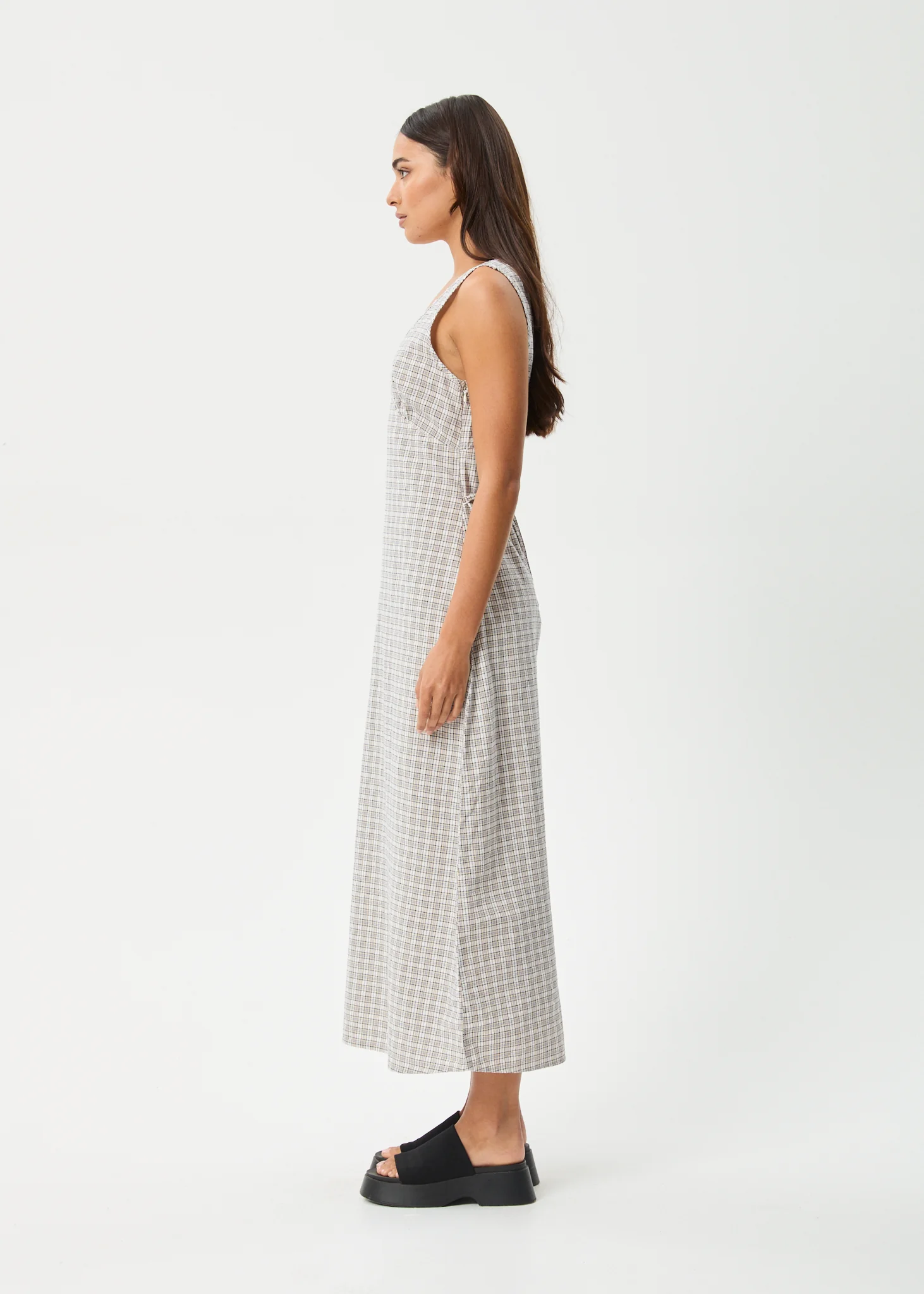 AFENDS Womens Drew - Seersucker Maxi Dress - Taupe Check - Image 4