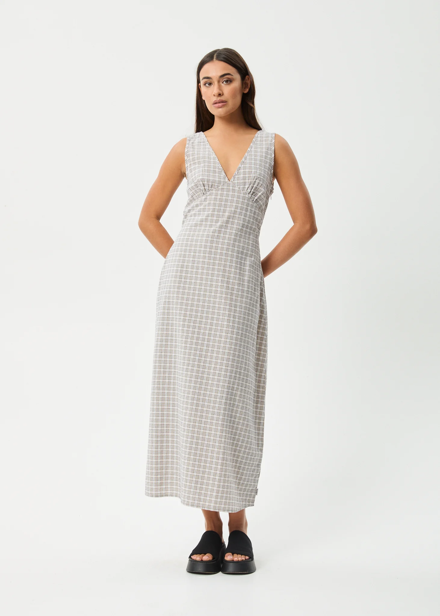 AFENDS Womens Drew - Seersucker Maxi Dress - Taupe Check - Image 9