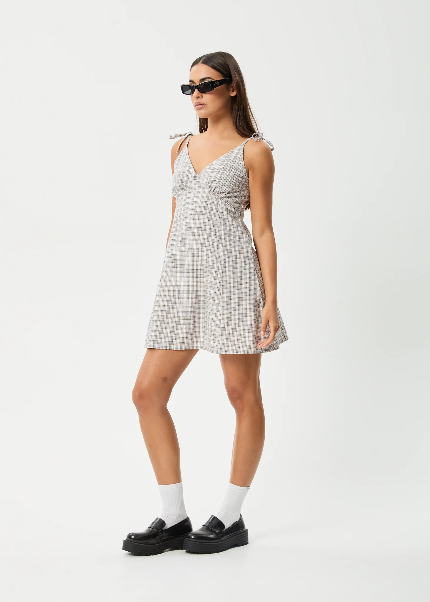 AFENDS Womens Drew - Seersucker Mini Dress - Taupe Check - Image 3