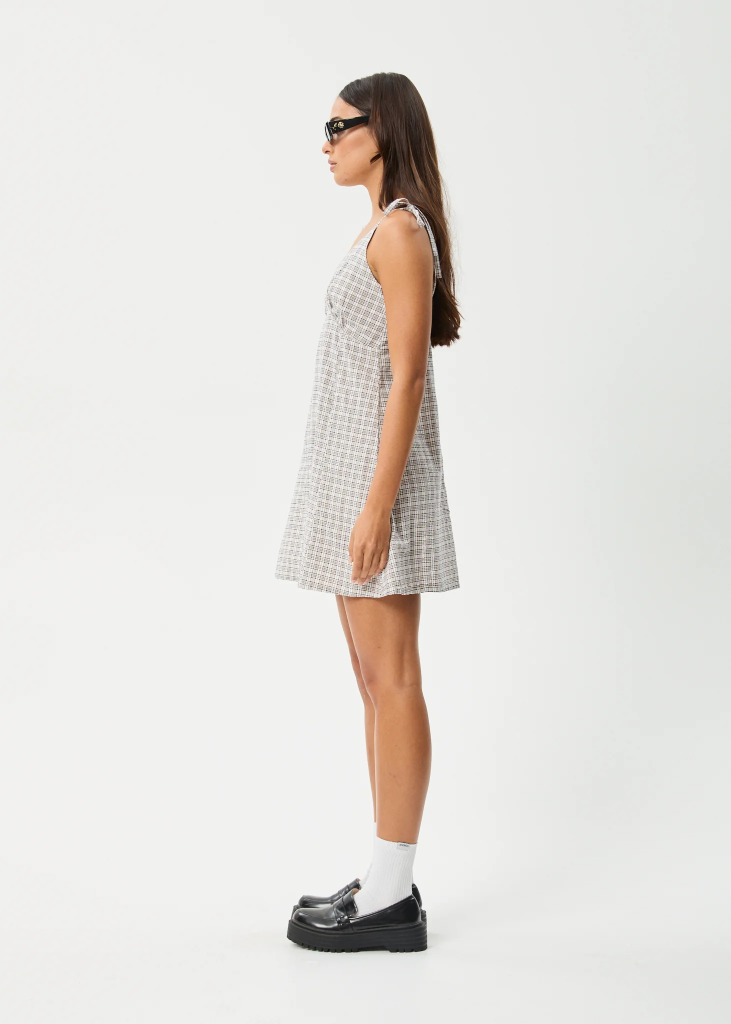 AFENDS Womens Drew - Seersucker Mini Dress - Taupe Check - Image 4