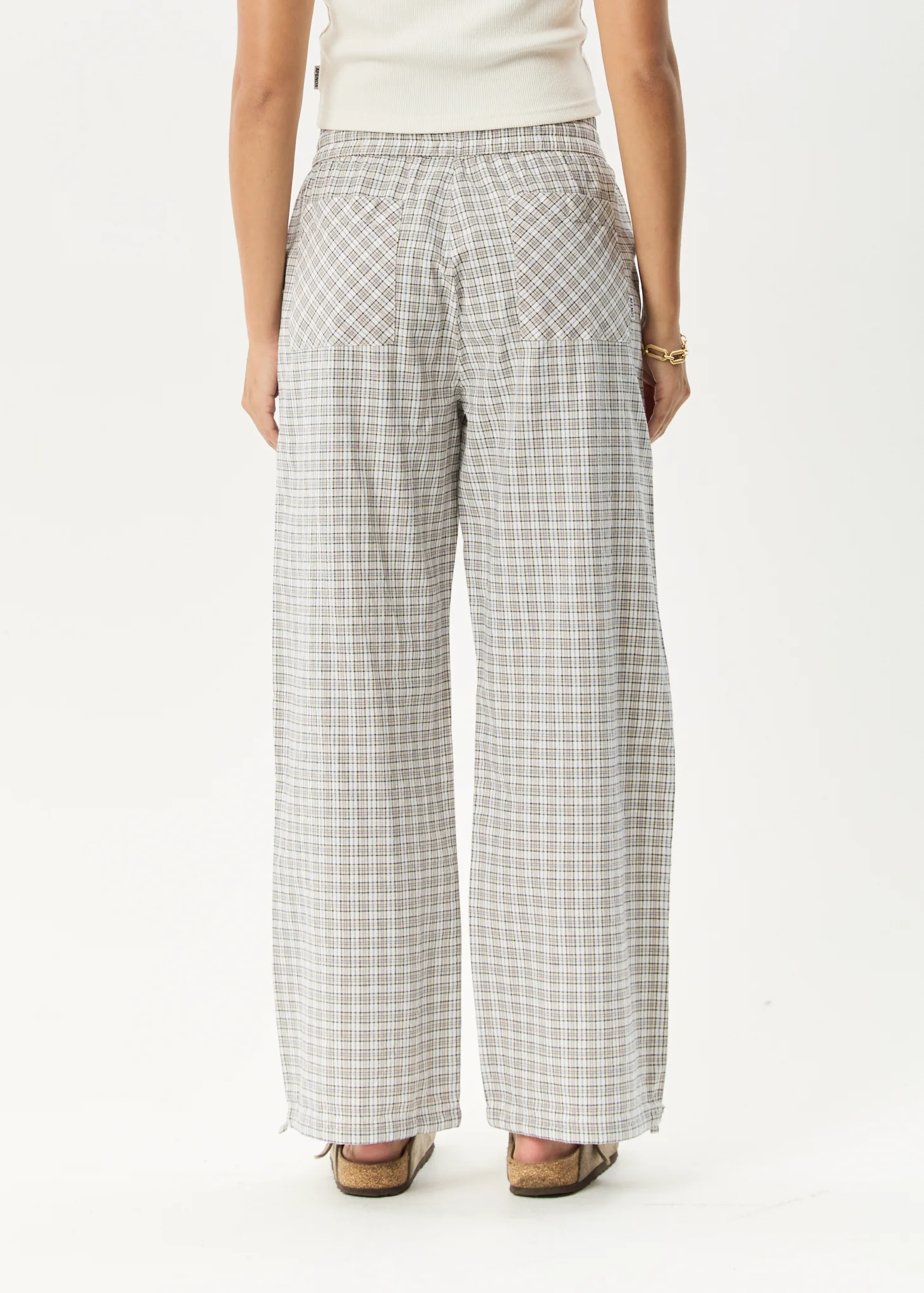 AFENDS Womens Drew - Seersucker Wide Leg Pant - Taupe Check - Image 6
