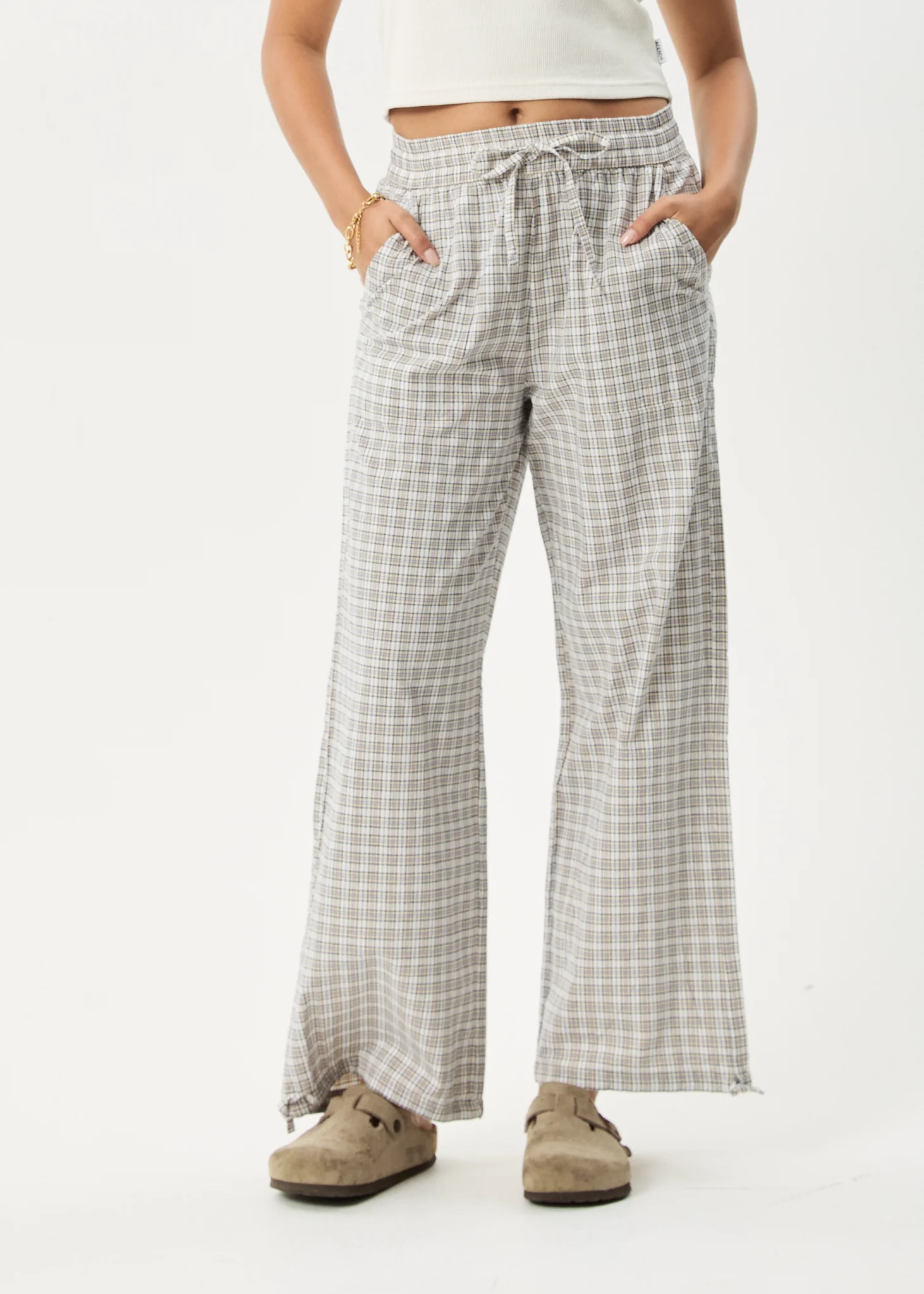 AFENDS Womens Drew - Seersucker Wide Leg Pant - Taupe Check - Image 8