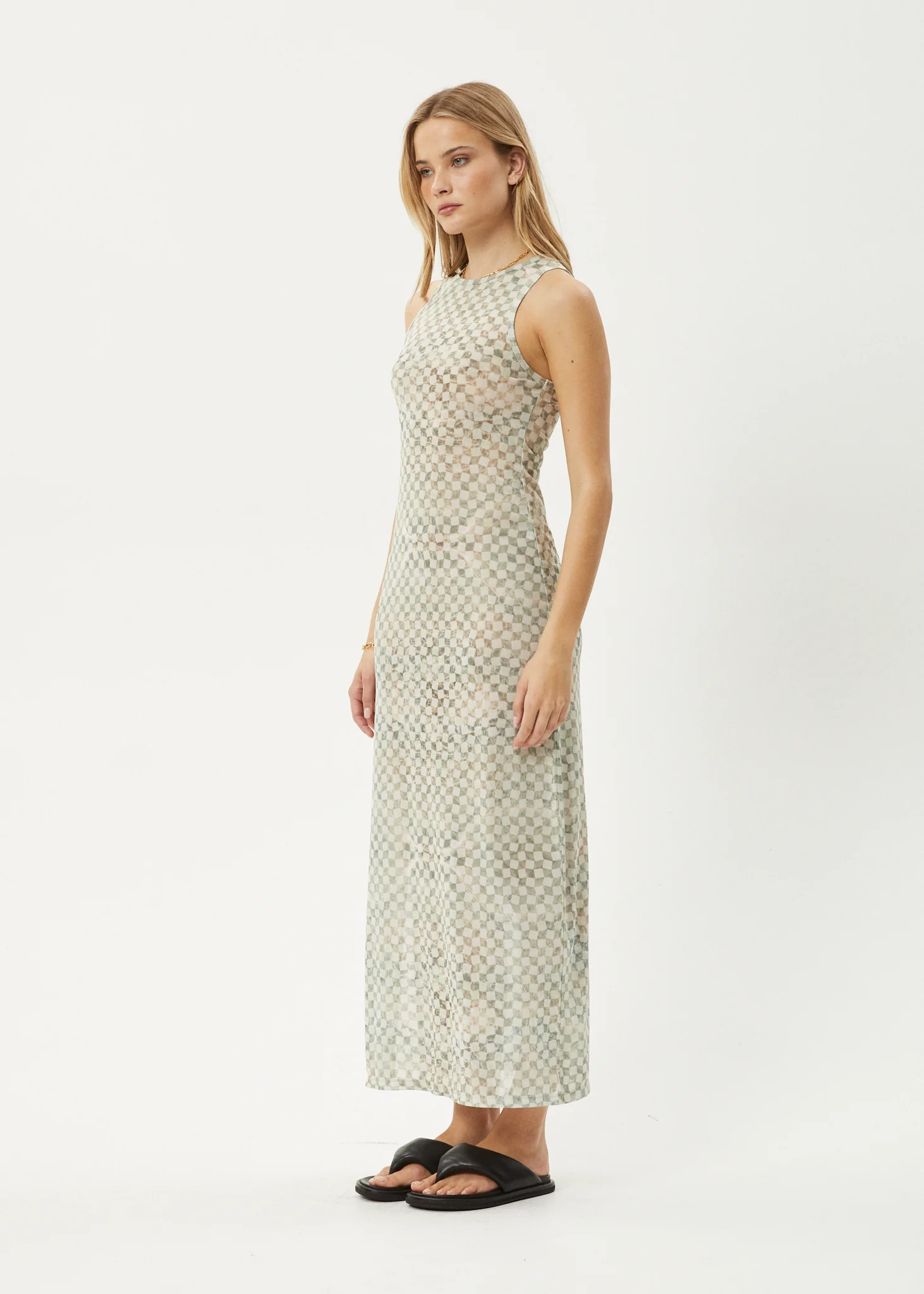 AFENDS Womens Glasshouse - Sheer Maxi Dress - Sand Checker - Image 3