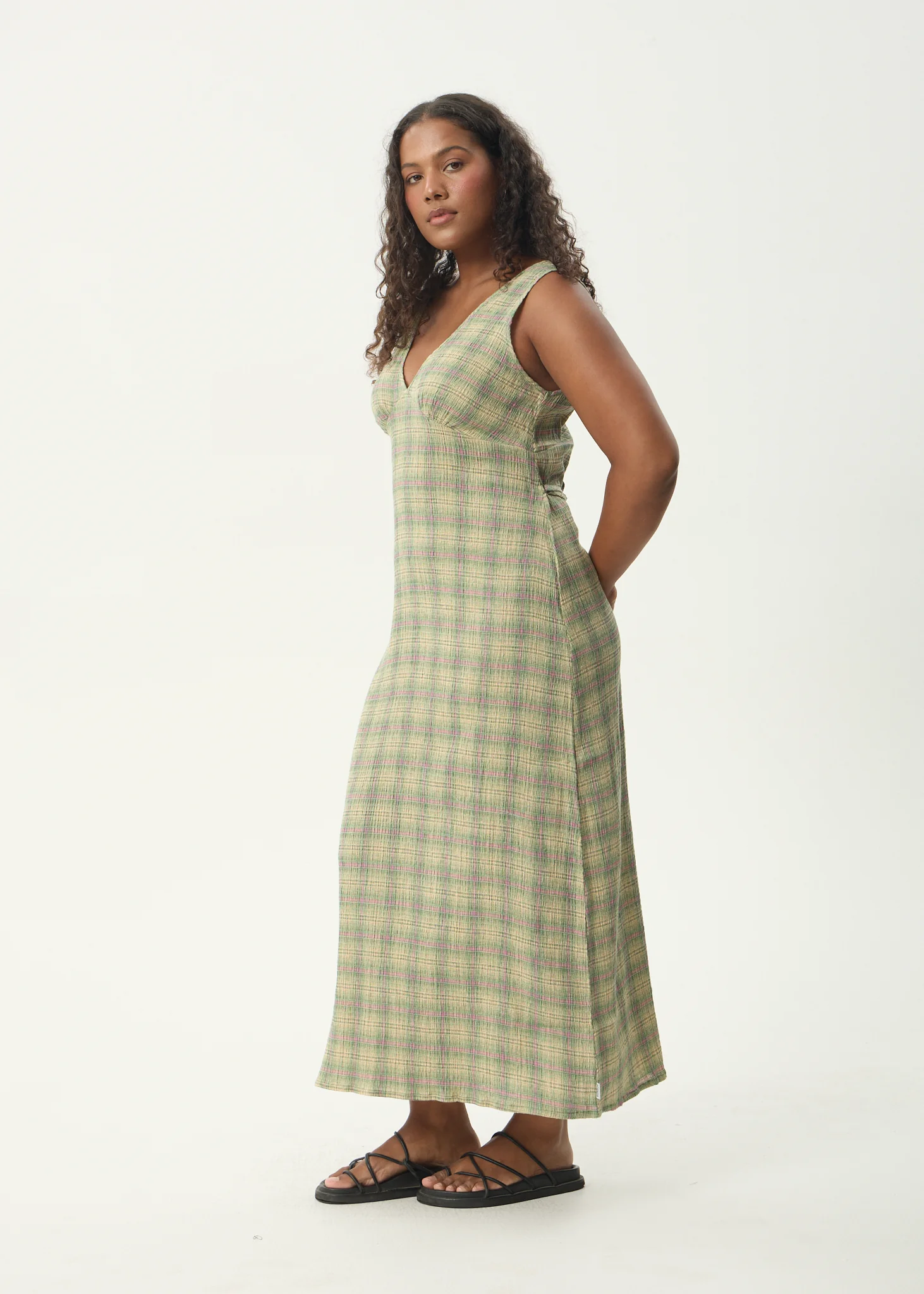 AFENDS Womens Position - Seersucker Maxi Dress - Green Check - Image 5