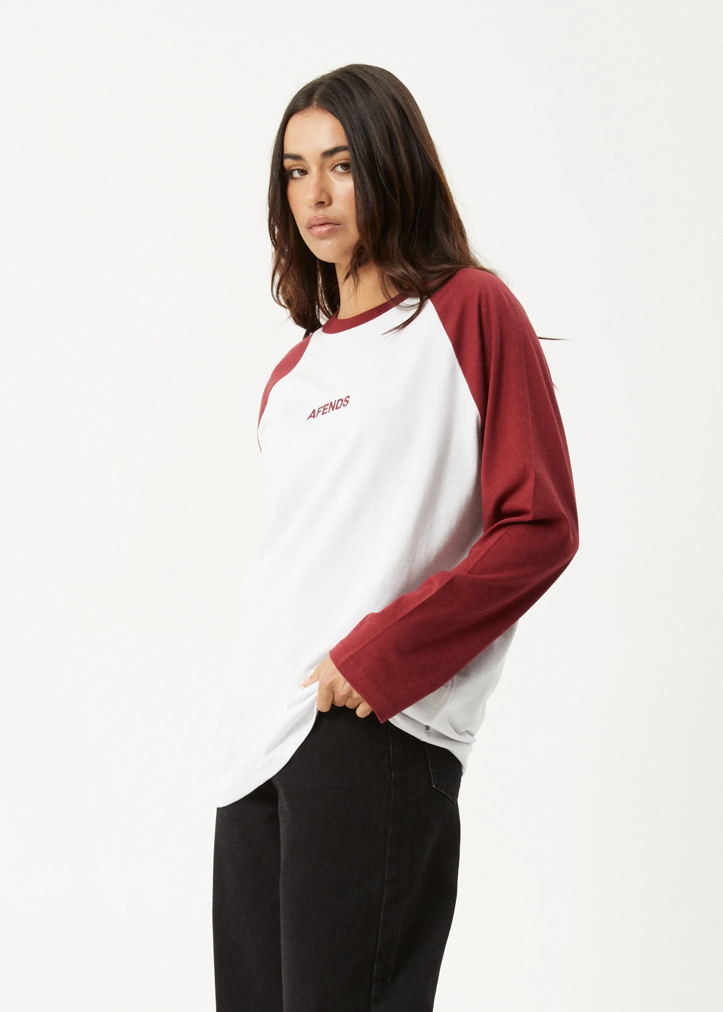 AFENDS Womens Ryan -  Oversized Long Sleeve Raglan Tee - Burgundy - Image 3