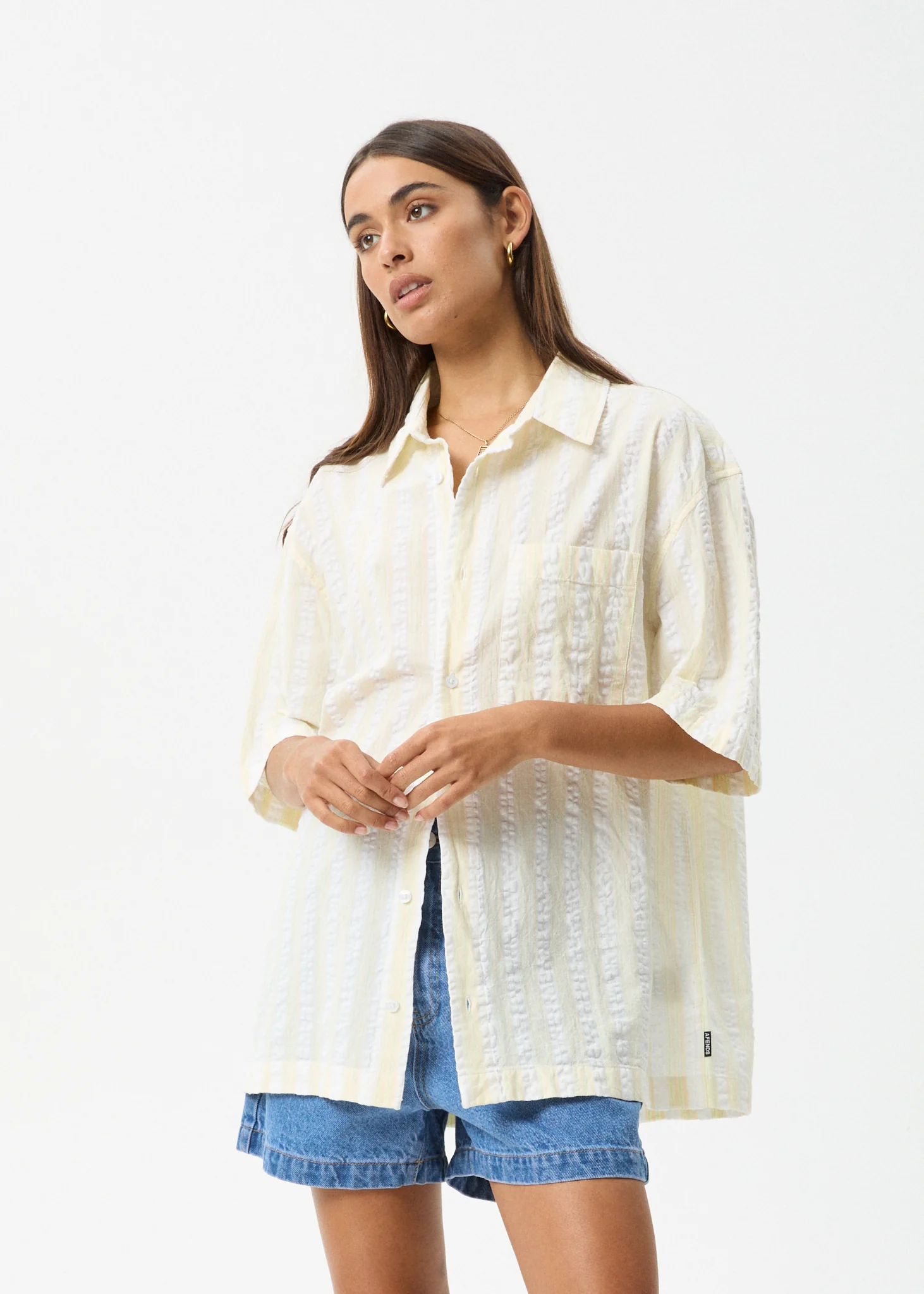 AFENDS Womens Splice - Seersucker Short Sleeve Shirt - White / Lemongrass - Image 2