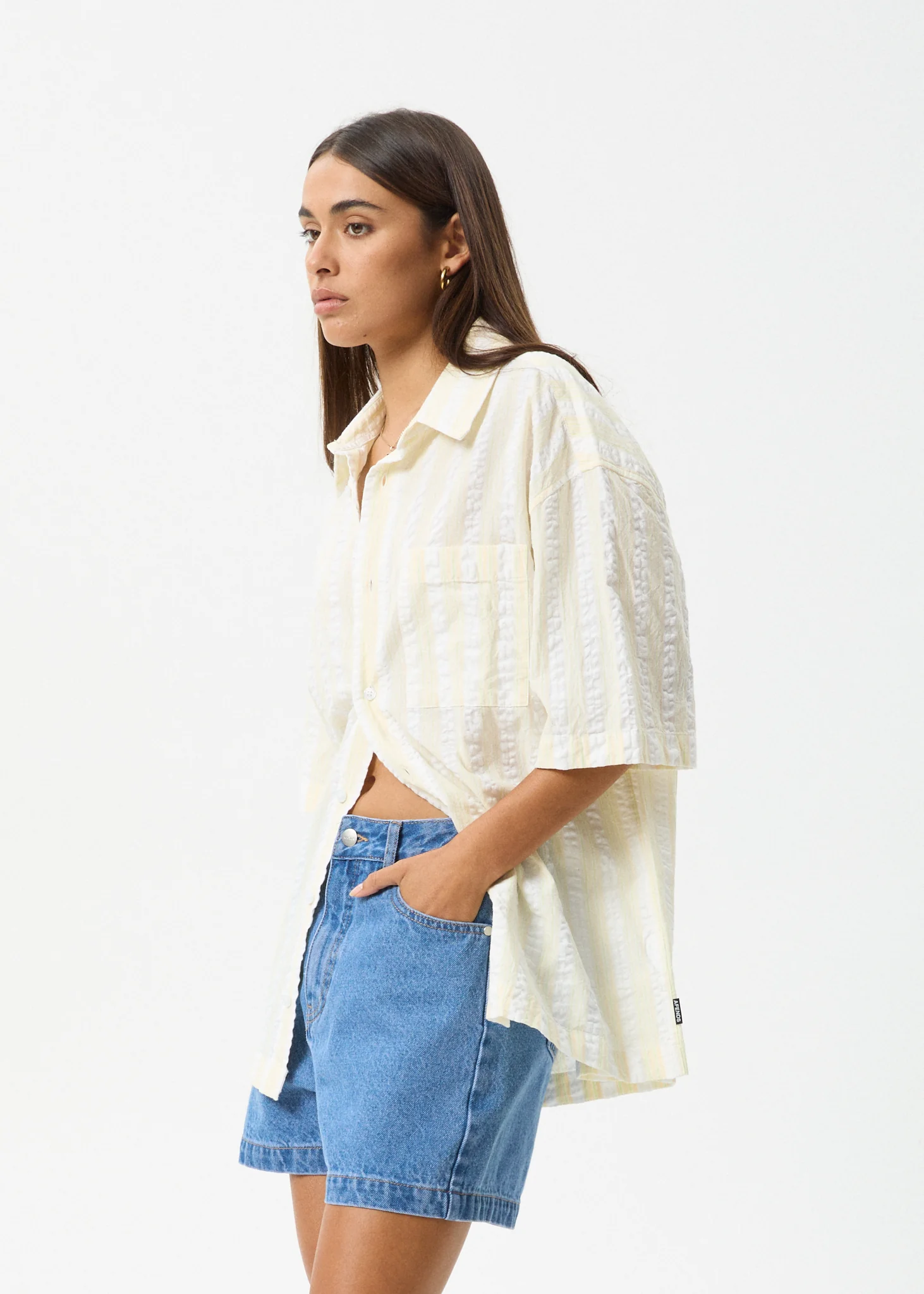 AFENDS Womens Splice - Seersucker Short Sleeve Shirt - White / Lemongrass - Image 3