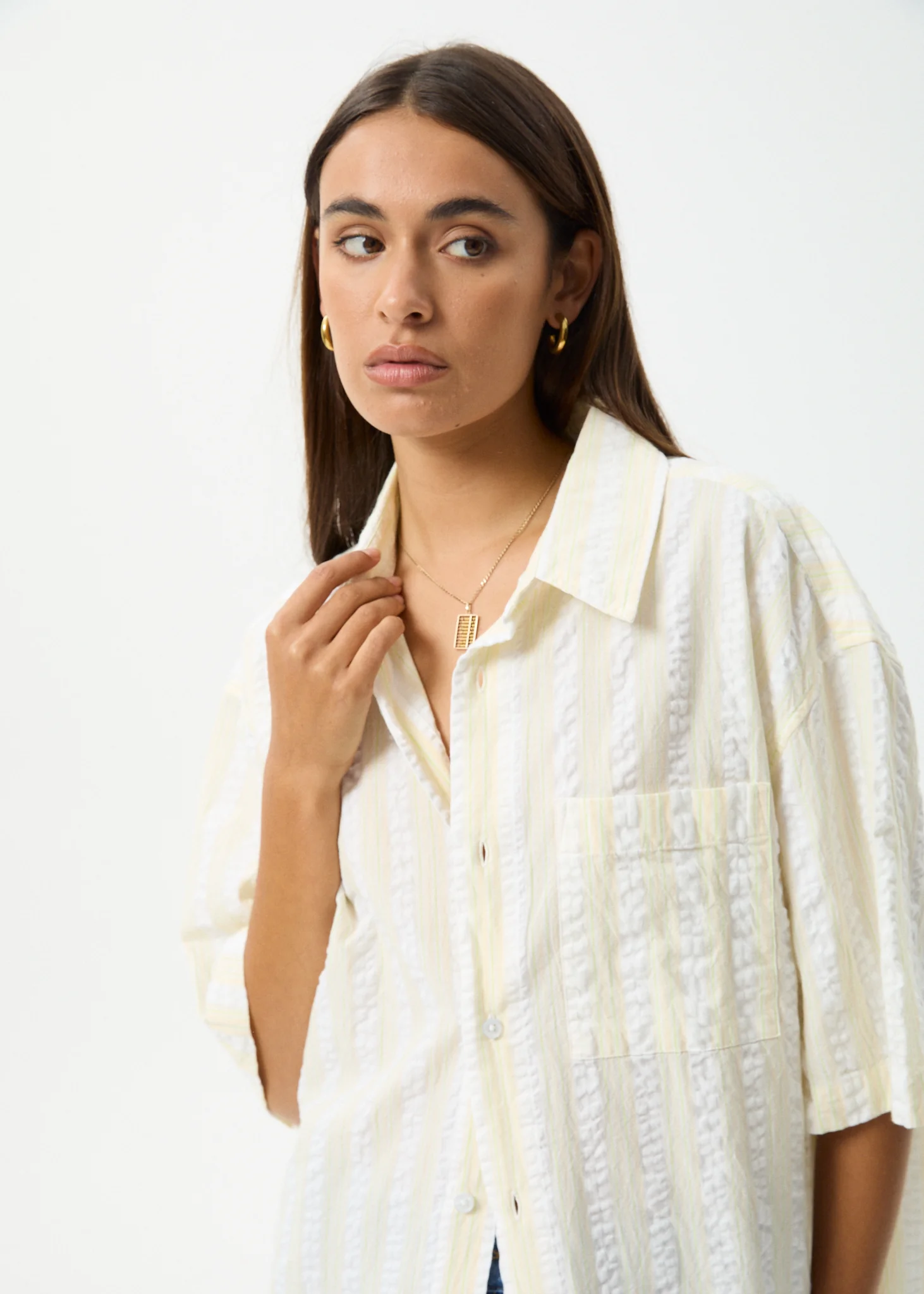 AFENDS Womens Splice - Seersucker Short Sleeve Shirt - White / Lemongrass - Image 6
